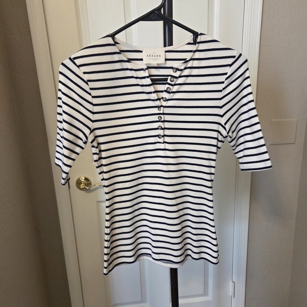 Sezane Theodora Navy and White Striped Top with Buttons